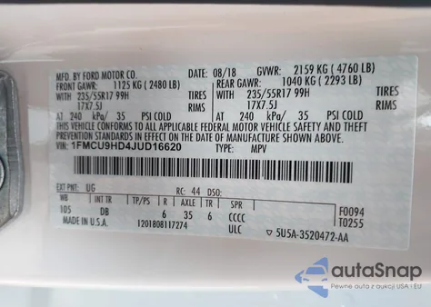 2018 Ford Escape Sel z USA, uszkodzony, nr VIN 1FMCU9HD4JUD16620